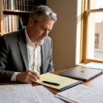 Attorney reviewing case notes in office
