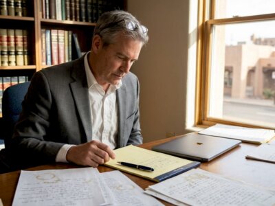Attorney reviewing case notes in office