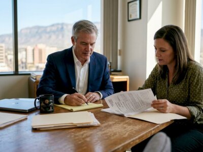 Attorney meeting client in Albuquerque office
